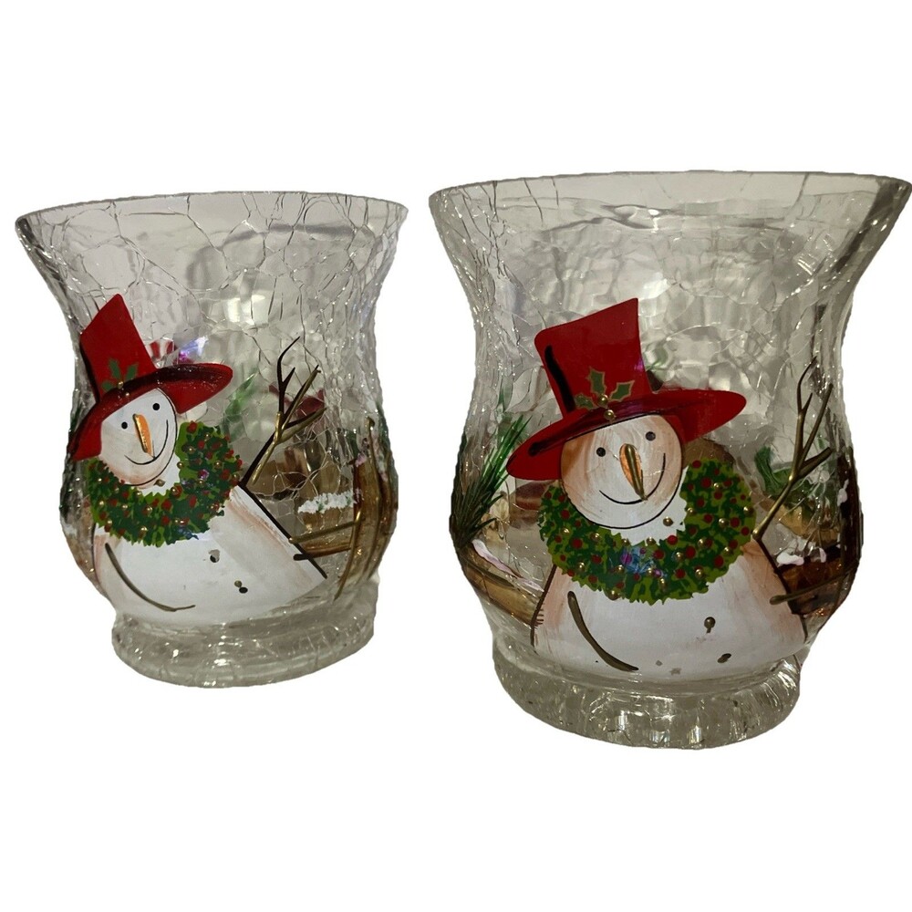 Two Yankee Candle Snowman Winter Crackle Glass Votives set Tealight Holiday XMas